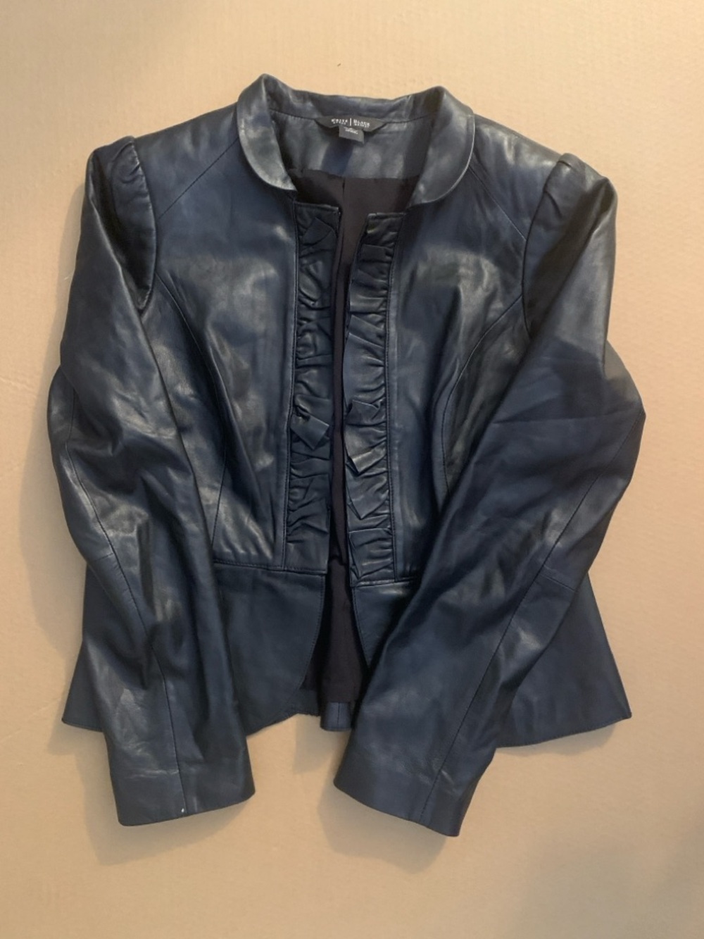 White House Black Market Black Leather Ruffle-Front Jacket. - Picture 2 of 12